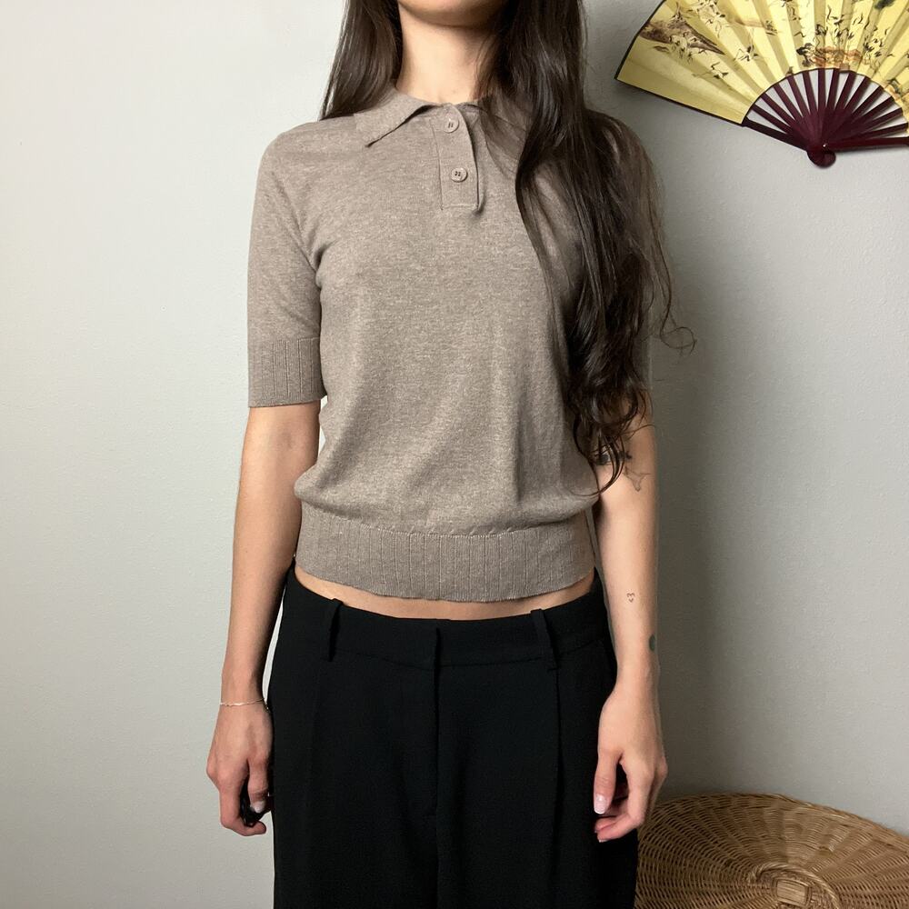 carmela achaval taupe sand beige minimalist cotton silk knit polo top